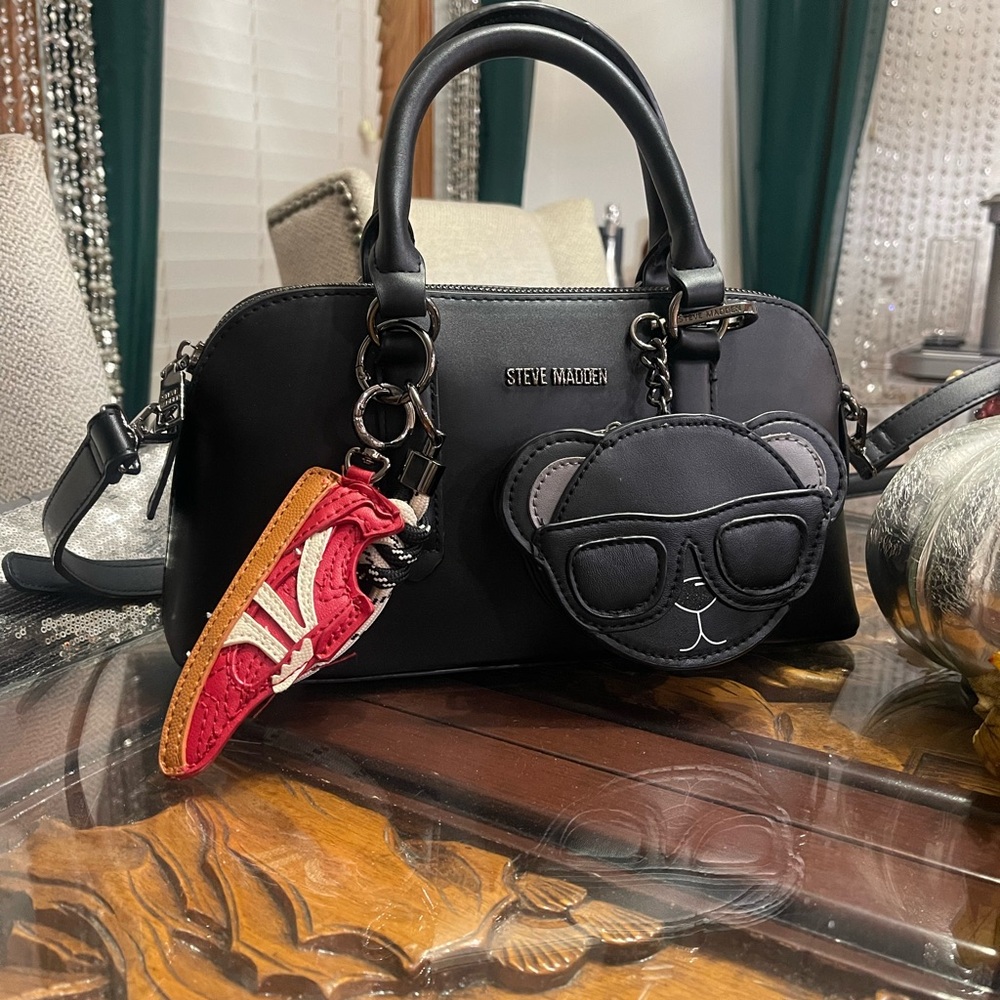 Steve Madden Black Satchel with Bear and Sneaker Charms
